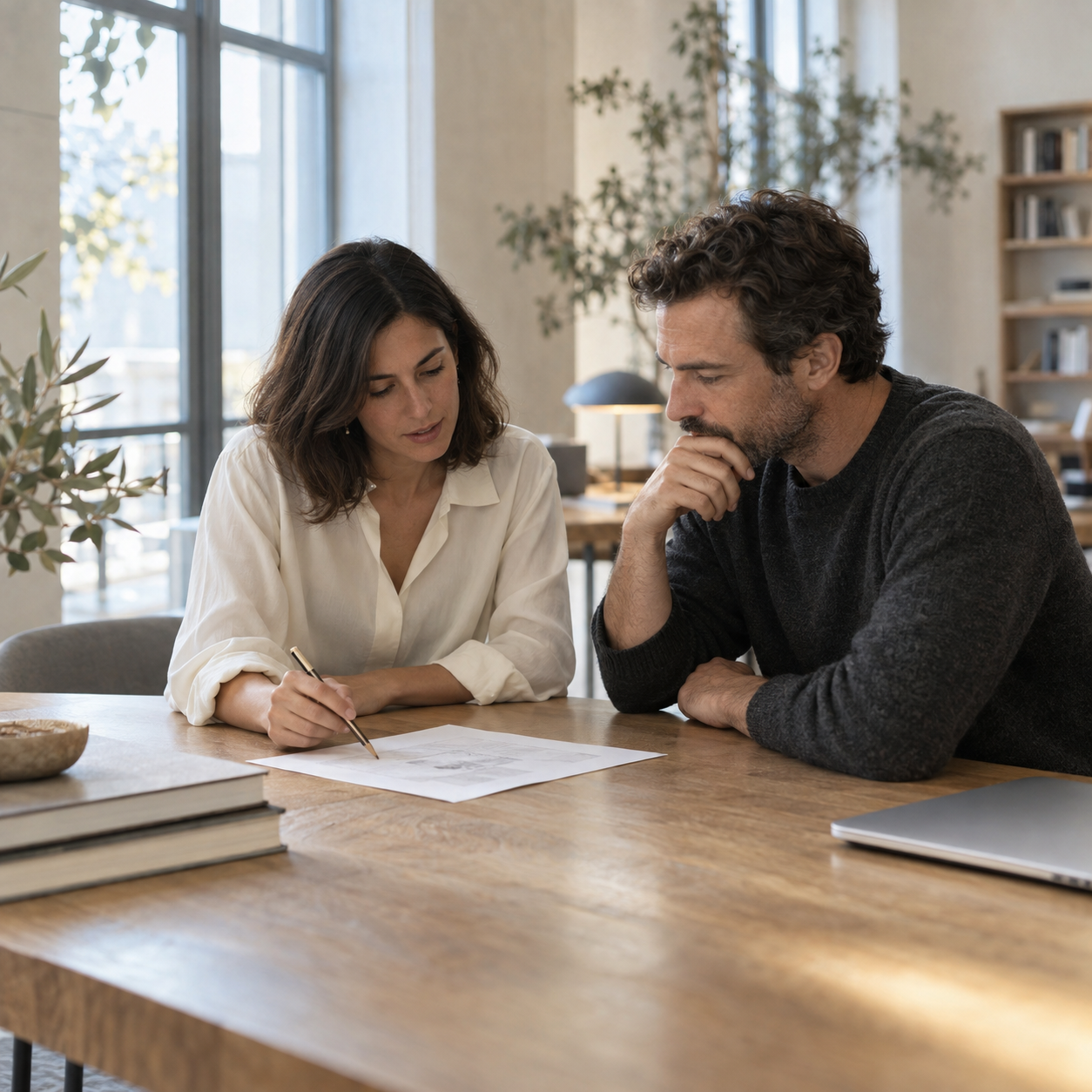 Two specialists thoughtfully reviewing a document together in a sunlit workspace